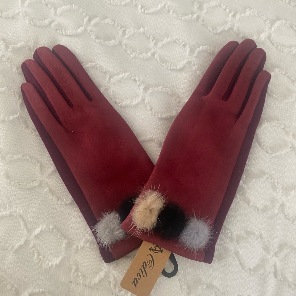 Women's Burgundy Faux Suede Gloves with Pom Trim